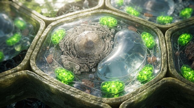 Intricate Microscopic View of a Plant Cell, Showcasing its Complex Biological Structure.