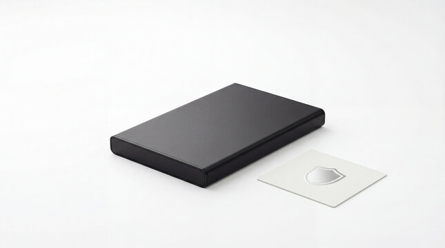 Black external hard drive beside shield card on white surface showing secure data storage privacy backup protection digital safety technology concept for modern workspace minimal desk setup
