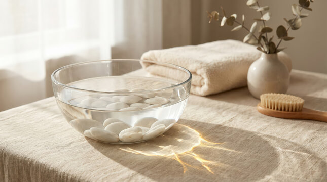 Luxury spa still life with glass bowl water white stones folded towel wooden brush eucalyptus vase on linen table showing wellness therapy calm self care ritual natural beauty scene