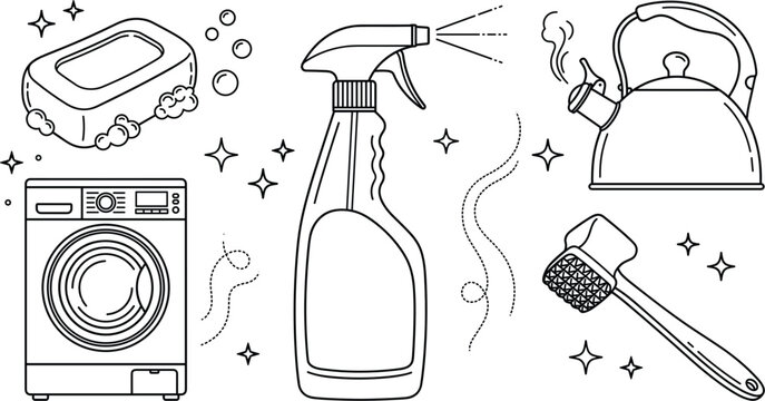 Household cleaning icons set with bar soap washing machine spray bottle boiling kettle and meat mallet outline illustration