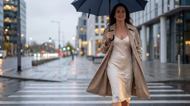 Mature woman walking with umbrella through rainy city street in satin dress trench coat showing elegant commuter lifestyle weather resilience urban fashion confidence seasonal city style