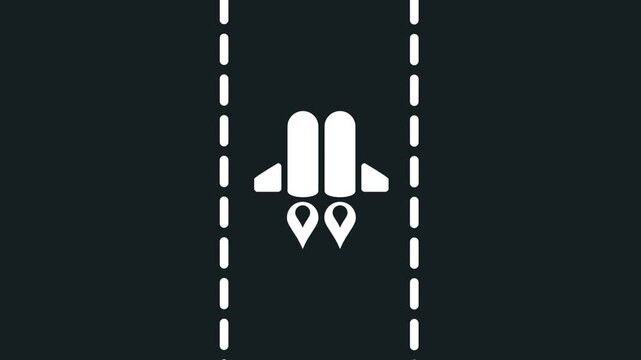 A spacecraft or rocket icon centered between two vertical dashed lines suggesting a launch corridor or flight path
