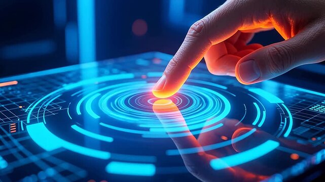 Finger touching glowing blue holographic interface