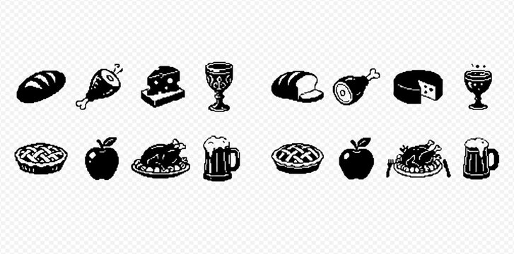 Set of medieval feast food and drink icons in black and white silhouette style.