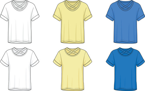 Womens casual t shirt design templates with criss cross strappy neckline details in yellow blue and white variations