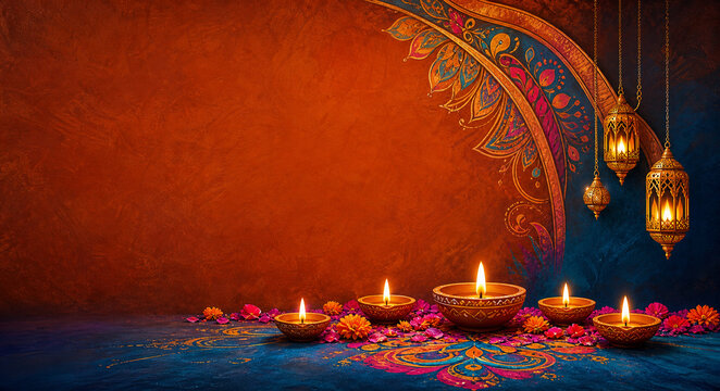 Orange Blue Diwali Banner with Diyas and Hanging Lanterns