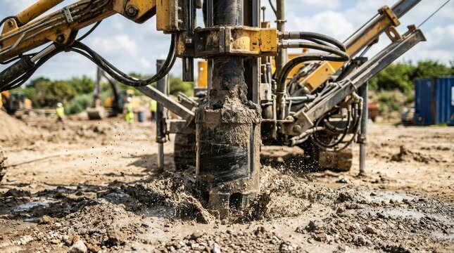 Heavyduty industrial drilling rig operating on a muddy construction site