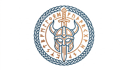 Obraz premium Viking helmet and sword emblem with runes.