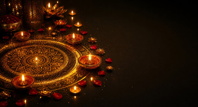 Dark Diwali Banner with Rangoli and Oil Lamps