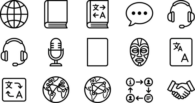 Set of language translation and communication icons in thin line style.
