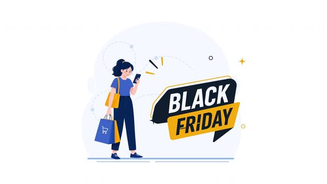 Woman Shops Online on Black Friday with Shopping Bags