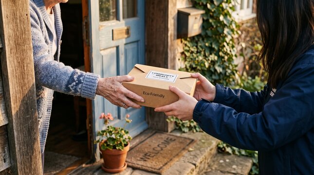 Young volunteer delivers a fresh eco friendly cardboard box of healthy community meals to an elderly woman standing at her wooden front door during the day
