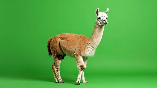 A Cute Llama Stands Proudly on a Vibrant Green Background.