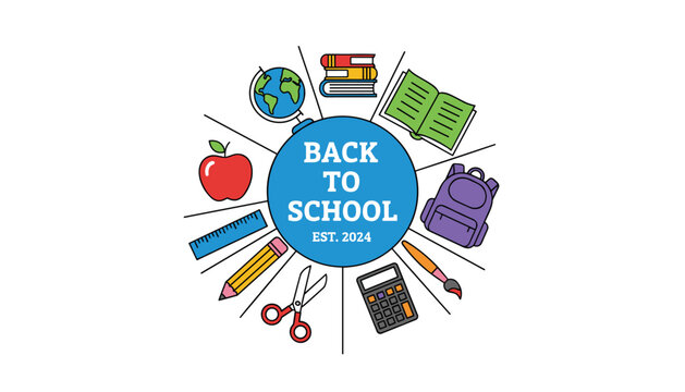 Back to school emblem with school supplies like books, globe, backpack, ruler, pencil, and scissors in a circular design.