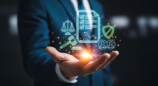 Legal concepts and compliance floating above a hand in a dark blue setting