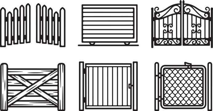 Six different styles of decorative metal and wooden fences and gates Vector