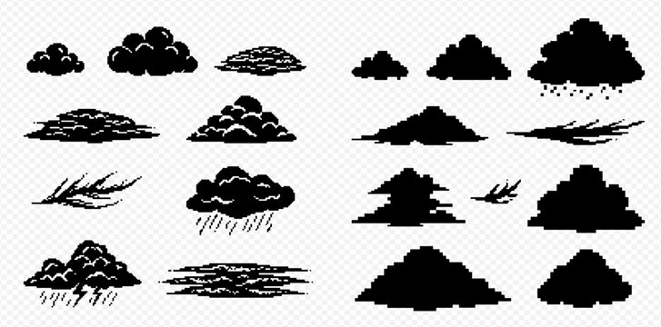 Set of various cloud silhouettes, including storm, rain, and cumulus formations, on a transparent background.
