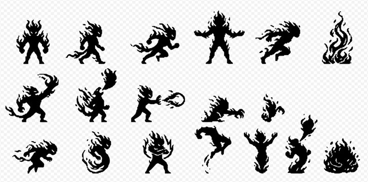 Fire demon character sprite sheet with various action poses and fire effects for game animation.
