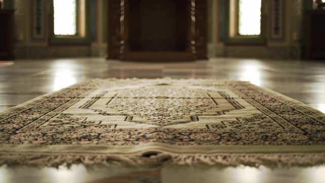 An ornate prayer mat with intricate patterns laid on a polished floor inside a mosque, soft light filtering through arched windows