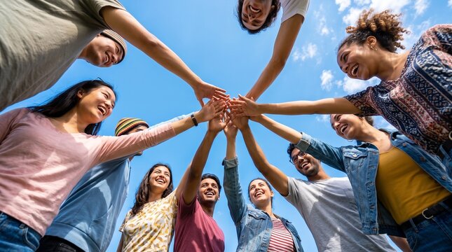 Group of diverse young friends stack their hands together in a circle against a bright blue sky to represent unity and teamwork.