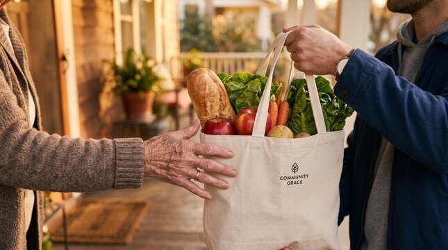 Young man delivering a canvas tote bag filled with fresh groceries and healthy food to an elderly woman standing on her front porch at golden hour