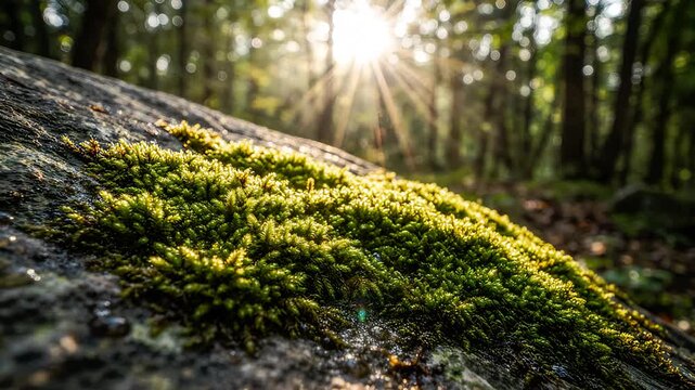 Vibrant moss growing on a forest rock with sunbeams through trees. A peaceful, natural woodland scene captured in soft focus, representing growth and the serenity of a quiet forest environment.