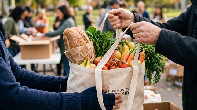 Person hands over a reusable canvas tote bag filled with fresh healthy vegetables and bread to a volunteer at a local community food aid bank