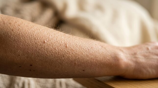 Close-up of Human Forearm with Goosebumps, Revealing Skin Texture and Hair Follicles from Cold or Emotion