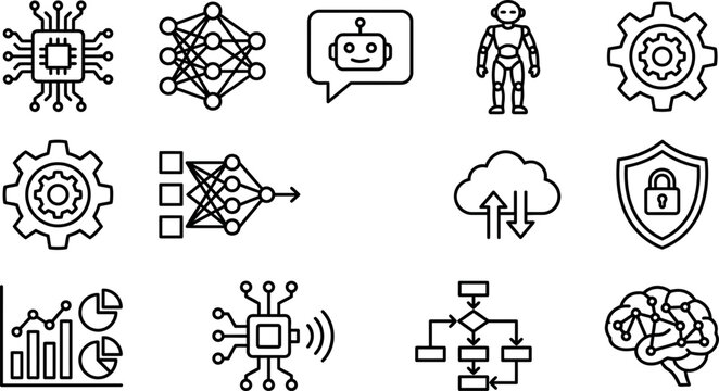Set of Artificial Intelligence and Machine Learning Technology Outline Icons.