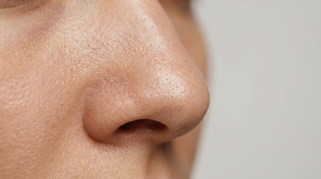 Detailed close-up of a human nose in profile, highlighting skin texture, pores, and natural imperfections on fair skin, side view anatomy