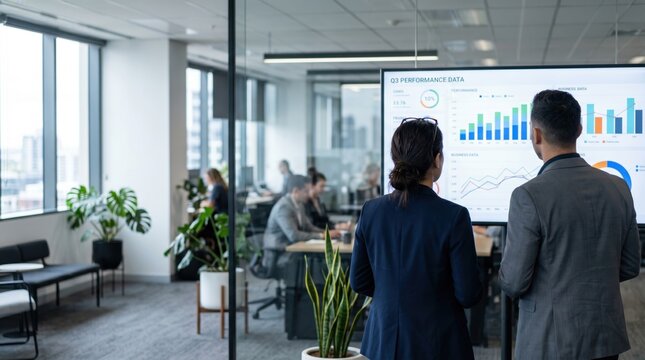 Business professionals analyzing Q3 performance data charts on large screen in modern glass office meeting room.