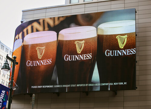 A billboard displays the famous Irish beer Guinness Draught Stout in Philadelphia, Pennsylvania, USA, on June 27, 2026.