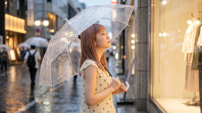 雨の日の夕方にデパートのショーウィンドウを見上げる若い女性
