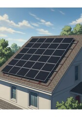 Fototapeta premium Modern Residential House with Solar Panel Installation on Roof for Sustainable Renewable Energy Illustration