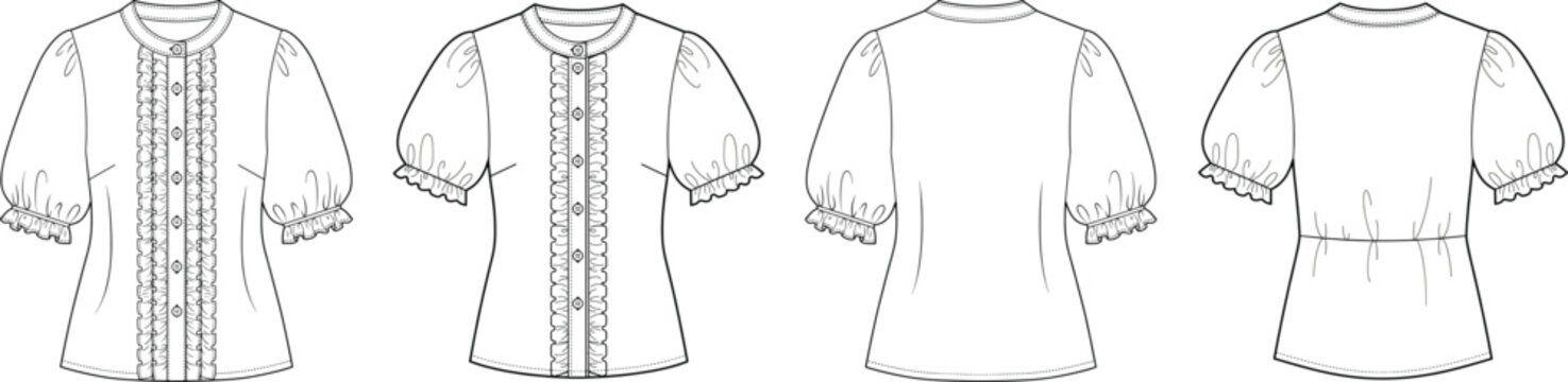 Women puff short sleeve button up blouse technical sketch template with ruffle trim placket front and back view fashion mockup