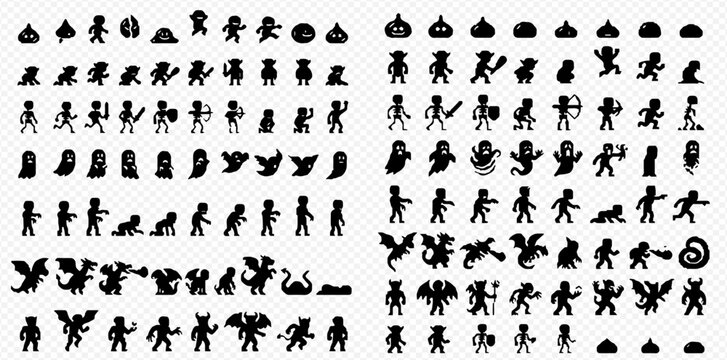 Collection of pixel art characters, monsters, and objects for retro video games, featuring various poses and actions.