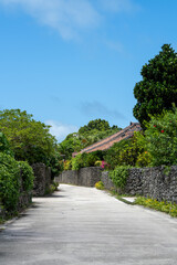 Obraz premium Stone wall lane leading to red-tiled house under blue sky