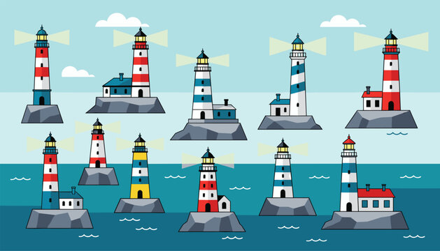 Set of various lighthouses on rocky islands in the blue sea emitting bright searchlight beams under cloudy skies.
