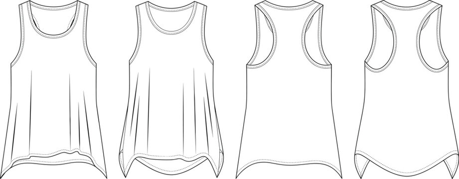 Women racerback tank top technical sketch template front and back view with asymmetrical hem isolated on white background fashion mockup