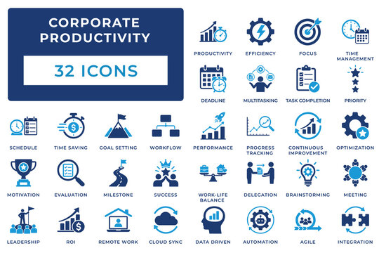 Corporate productivity and time management solid icon set. Includes symbols for Agile Workflow, Data Automation, and Remote Work. Vector icons for business performance and strategy optimization.