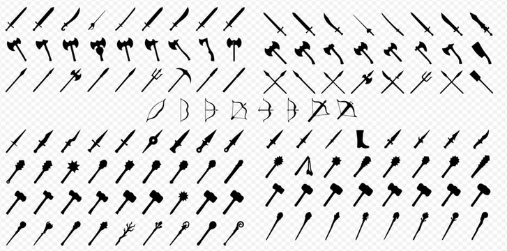 Collection of various medieval weapon icons and tools, including swords, axes, bows, arrows, daggers, and hammers, in a pixel art style.