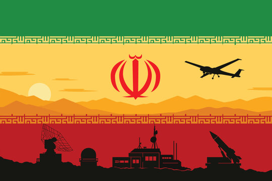 Iranian Flag with Military Assets: The flag of Iran is displayed as a backdrop to a scene featuring military equipment, including a drone and missile launcher, with a silhouette of a radar station.