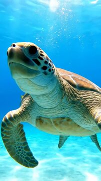Underwater Sea Turtle Swimming Gracefully Over Sandy Ocean Floor.