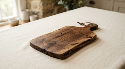 Fototapeta premium Handmade Rustic Wooden Cutting Board on a Linen Tablecloth
