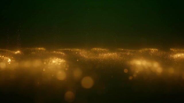 Golden abstract animation background with soft bokeh light, dark green space, warm glow, light particles, glowing wave pattern, dreamy blur, calm fantasy scene and texture for SEO search visibility