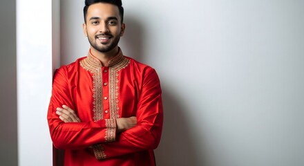 Obraz premium Young Indian Man in Traditional Red Kurta Smiling for Celebration