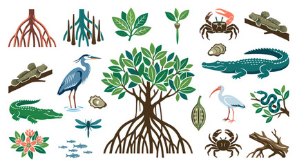 Obraz premium Mangrove Ecosystem Flat Vector Icons: Wildlife, Plants, Roots, and Environment