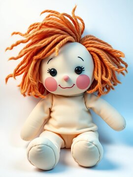 Cuddly rag doll with flowing hair and soft features on a white background, plush, teddy