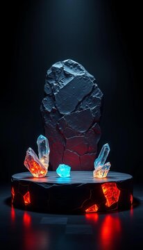 Dark stone podium with glowing crystals on a black background, unique, abstract