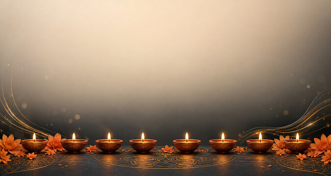Warm Diwali Diya Border Banner with Golden Copy Space